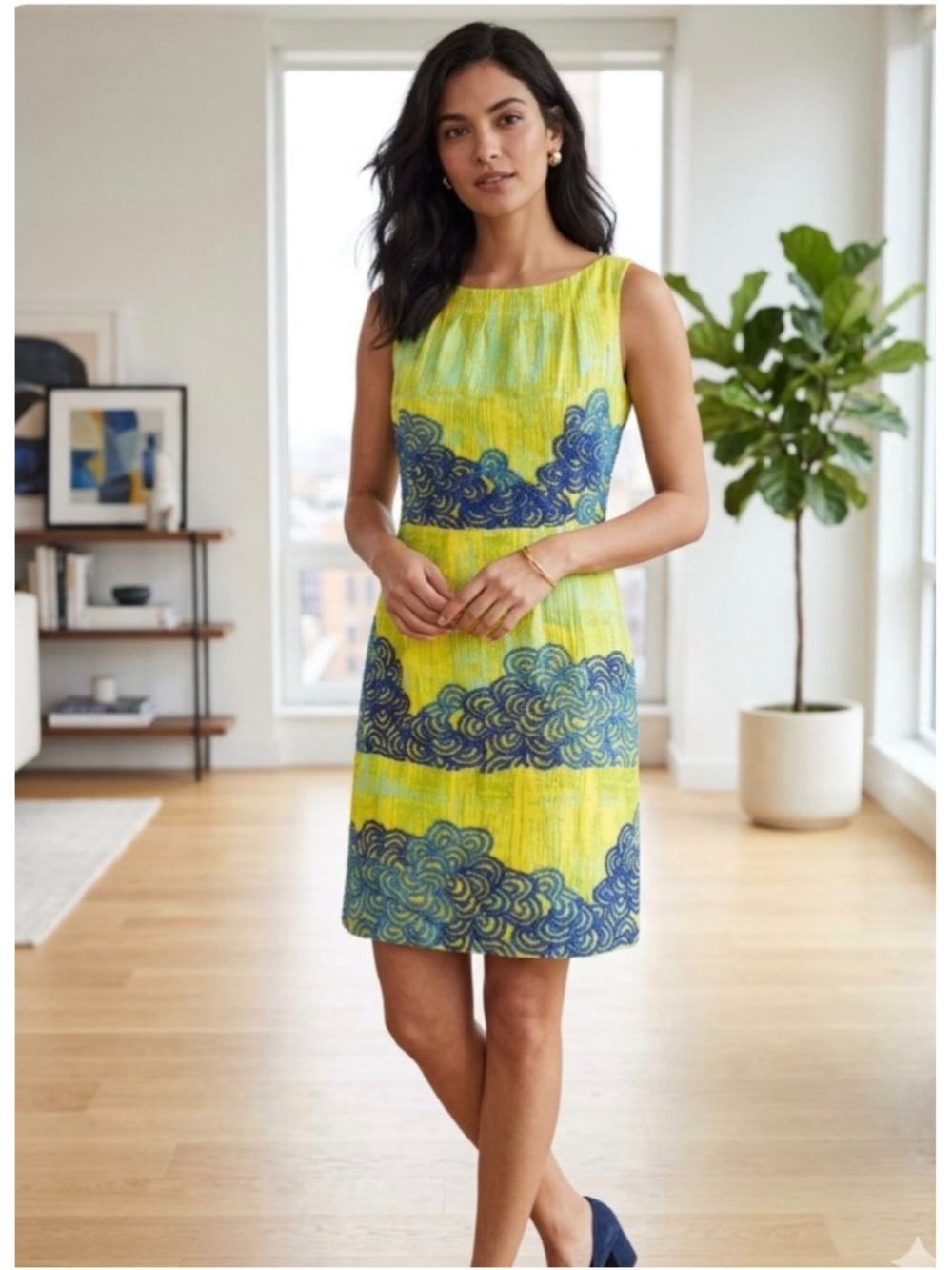 Anthropologie Tabitha Azure Scroll Yellow Chartreuse Sheath Dress Size 12. 2001